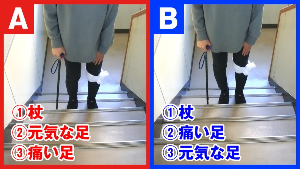 <img src="tsue-nobori.jpg" alt="階段を上る時の正しい杖の使い方">